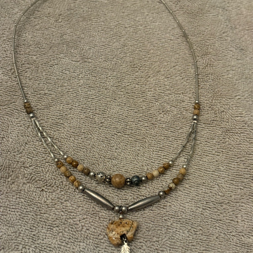 Beige Stone and Silver-Tone Layered Pendant Necklace Bohemian-